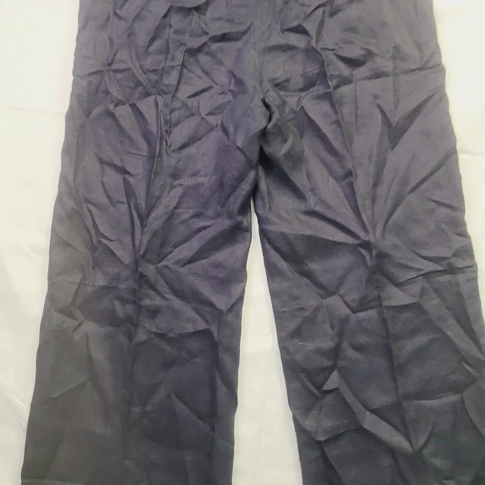 H&M Wide Leg Linen Blend Trousers Women's Size 12 Navy Blue Casual Professional